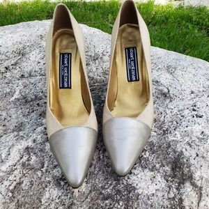 Stuart Weitzman 8.5 M Capture Taupeary Grosgrain Tan Slip-On Heel Shoes